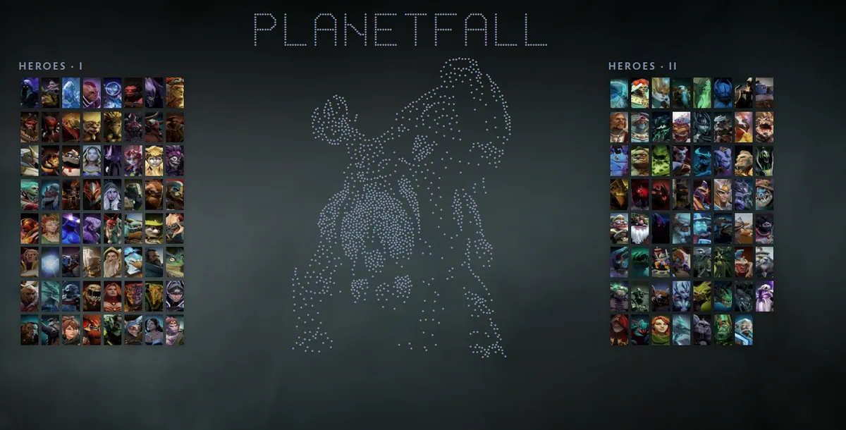 Dota 2 hero grid with Earthshaker in the Planetfall skin drawn in dots