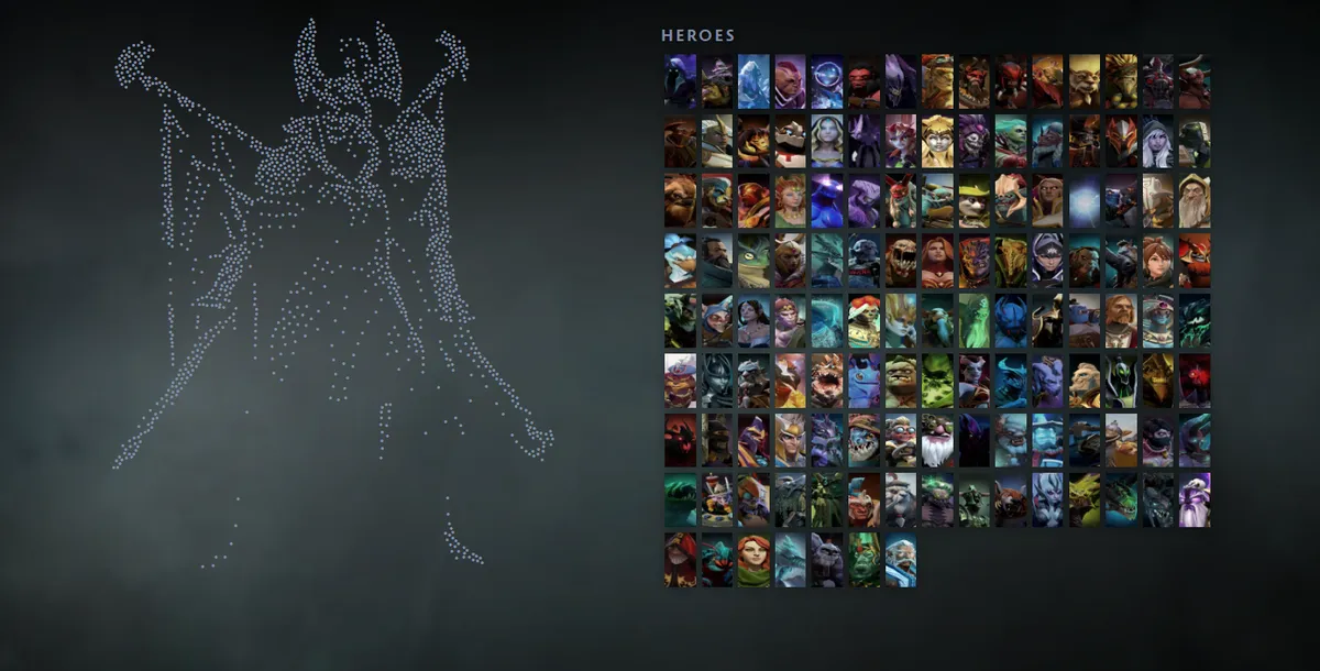 Dota 2 hero grid with Legion Commander in the Blades of Voth Domosh skin drawn in dots