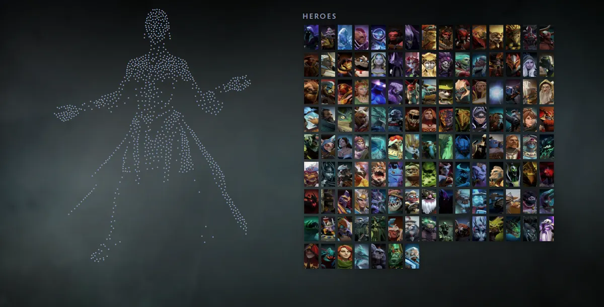 Dota 2 hero grid with Lina in the Fiery Soul of the Slayer skin drawn in dots