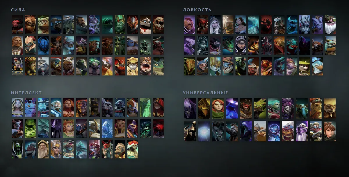 Dota 2 hero grid by attribute: strength, agility, intelligence, universal