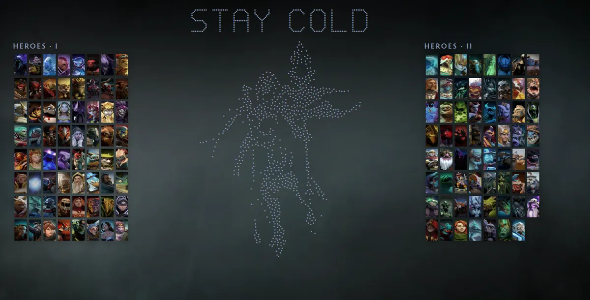 Dota 2 hero grid with Crystal Maiden in the Frost Avalanche skin drawn in dots