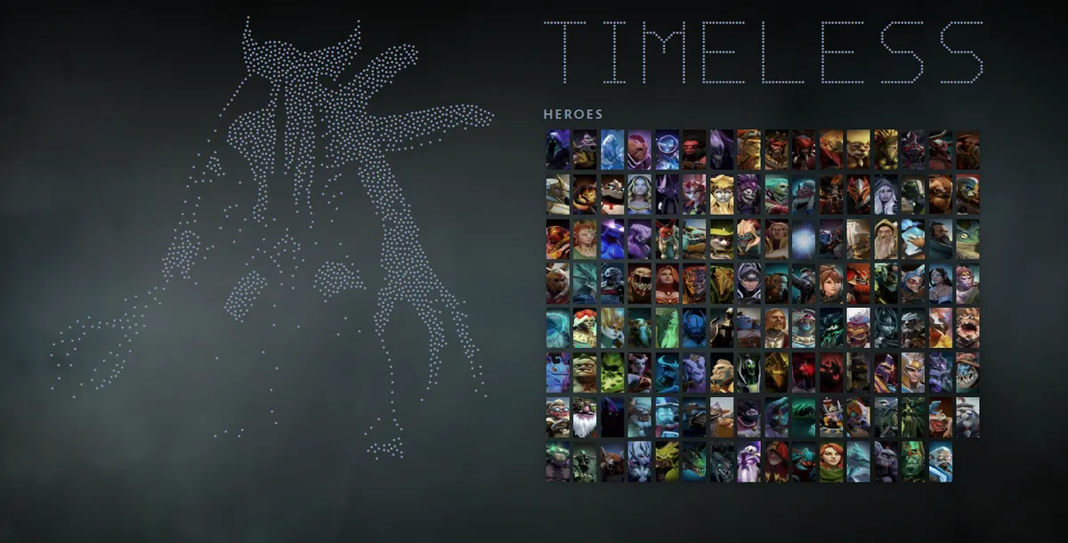 Dota 2 hero grid with Faceless Void in the Claszian Apostasy skin drawn in dots