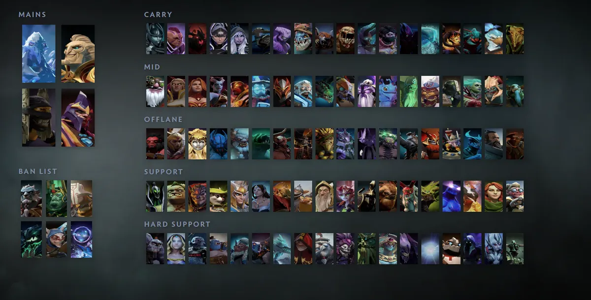 Dota 2 hero grid “Mains + situational”: Ancient Apparition first in the Mains block next to Ringmaster, Shadow Shaman, Silencer