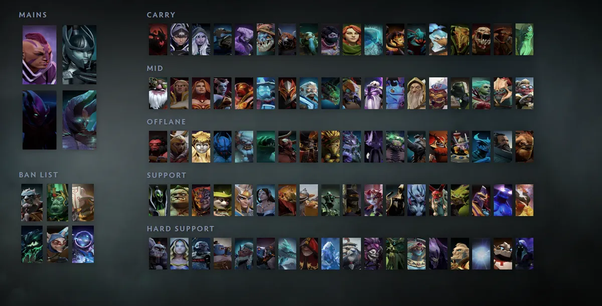 Dota 2 hero grid “Mains + situational” with Anti-Mage first in the Mains block