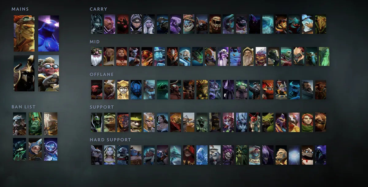 Dota 2 hero grid “Mains + situational”: Batrider first in the Mains block next to Enigma, Nyx Assassin, Snapfire
