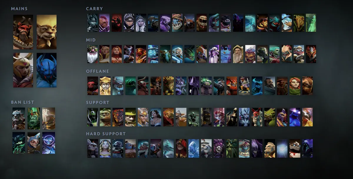 Dota 2 hero grid “Mains + situational”: Beastmaster first in the Mains block next to Brewmaster, Legion Commander, Night Stalker