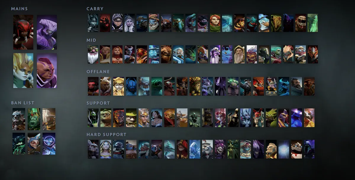 Dota 2 hero grid “Mains + situational”: Bloodseeker first in the Mains block next to Faceless Void, Naga Siren, Anti-Mage