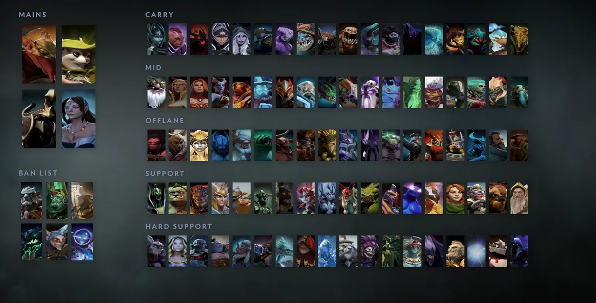 Dota 2 hero grid “Mains + situational”: Bounty Hunter first in the Mains block next to Hoodwink, Nyx Assassin, Mirana