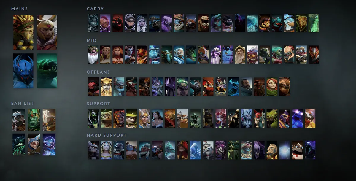 Dota 2 hero grid “Mains + situational”: Bristleback first in the Mains block next to Legion Commander, Night Stalker, Tidehunter