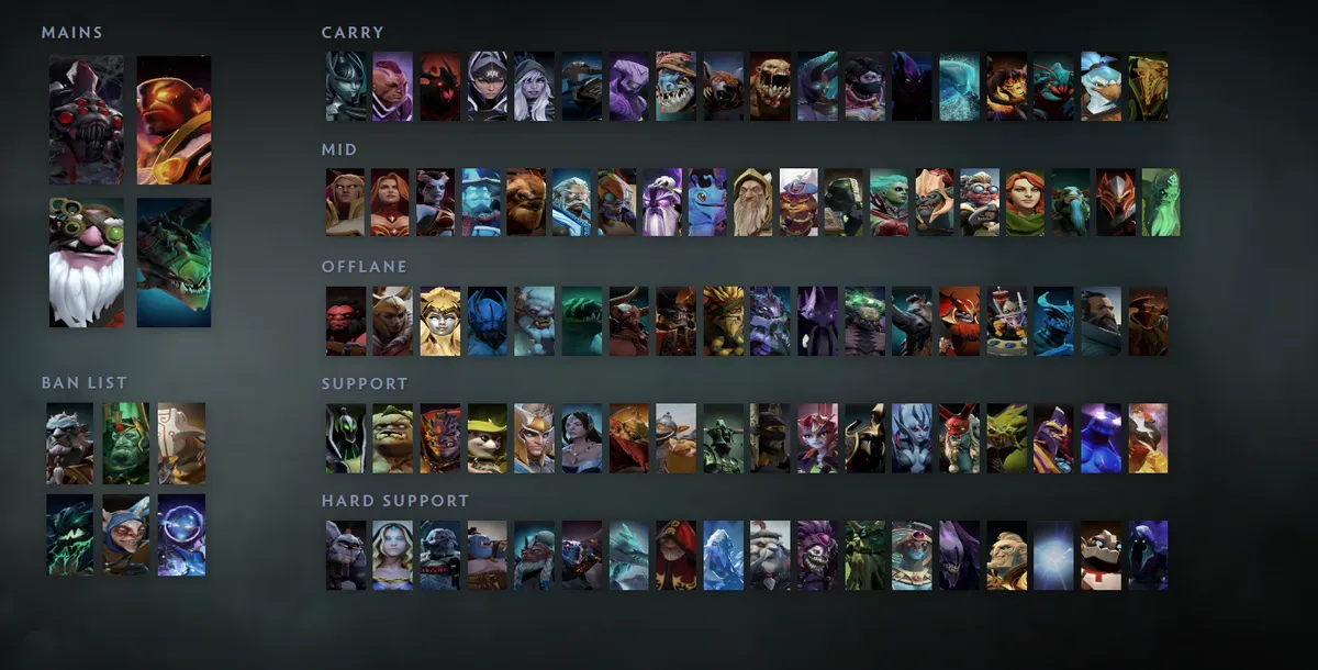 Dota 2 hero grid “Mains + situational”: Broodmother first in the Mains block next to Ember Spirit, Sniper, Viper