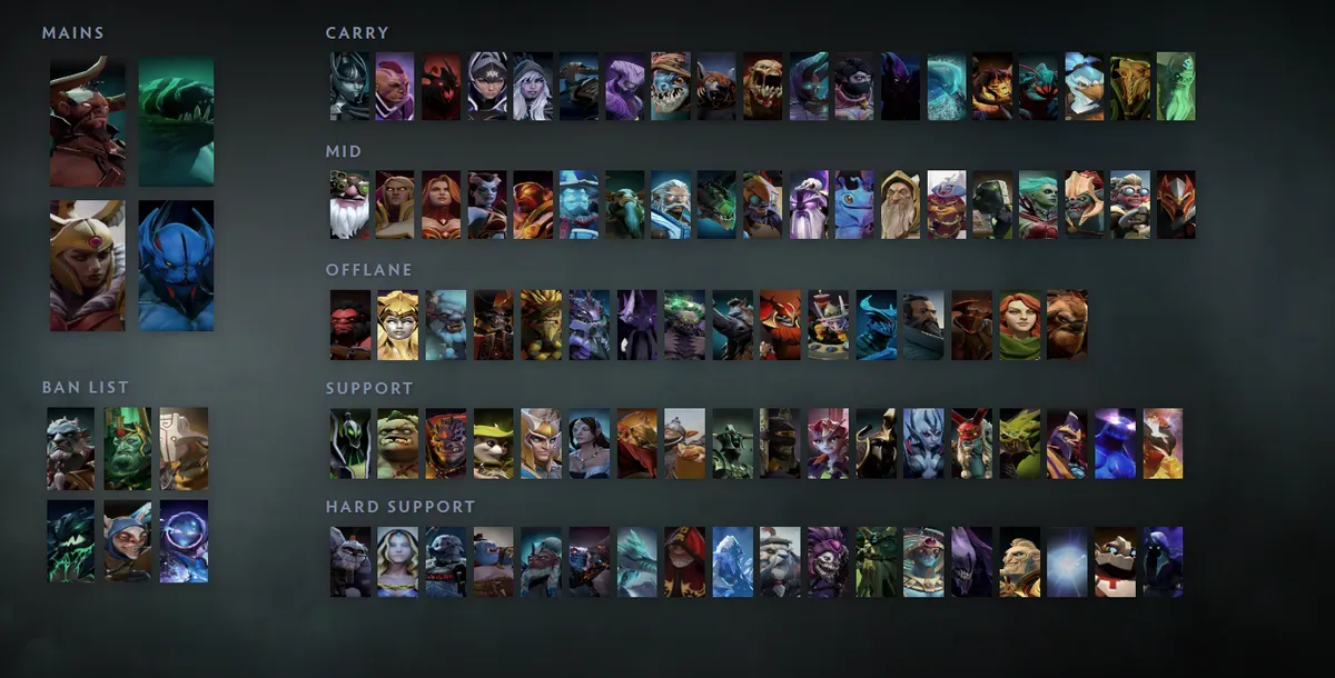 Dota 2 hero grid “Mains + situational”: Centaur Warrunner first in the Mains block next to Tidehunter, Legion Commander, Night Stalker