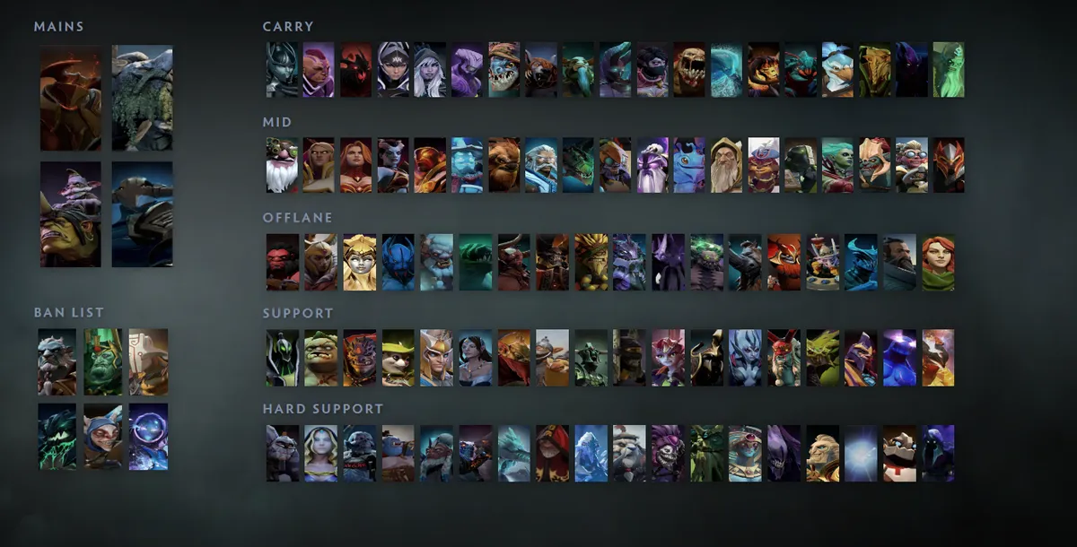 Dota 2 hero grid “Mains + situational”: Chaos Knight first in the Mains block next to Tiny, Alchemist, Sven