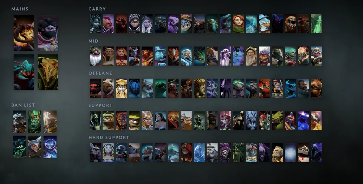 Dota 2 hero grid “Mains + situational”: Clinkz first in the Mains block next to Templar Assassin, Weaver, Lone Druid