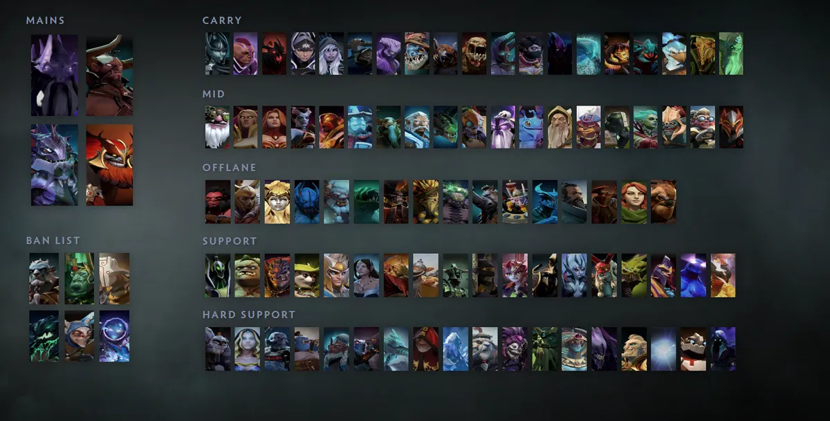 Dota 2 hero grid “Mains + situational”: Dark Seer first in the Mains block next to Centaur Warrunner, Slardar, Mars
