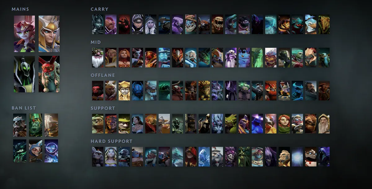 Dota 2 hero grid “Mains + situational”: Dark Willow first in the Mains block next to Skywrath Mage, Rubick, Grimstroke