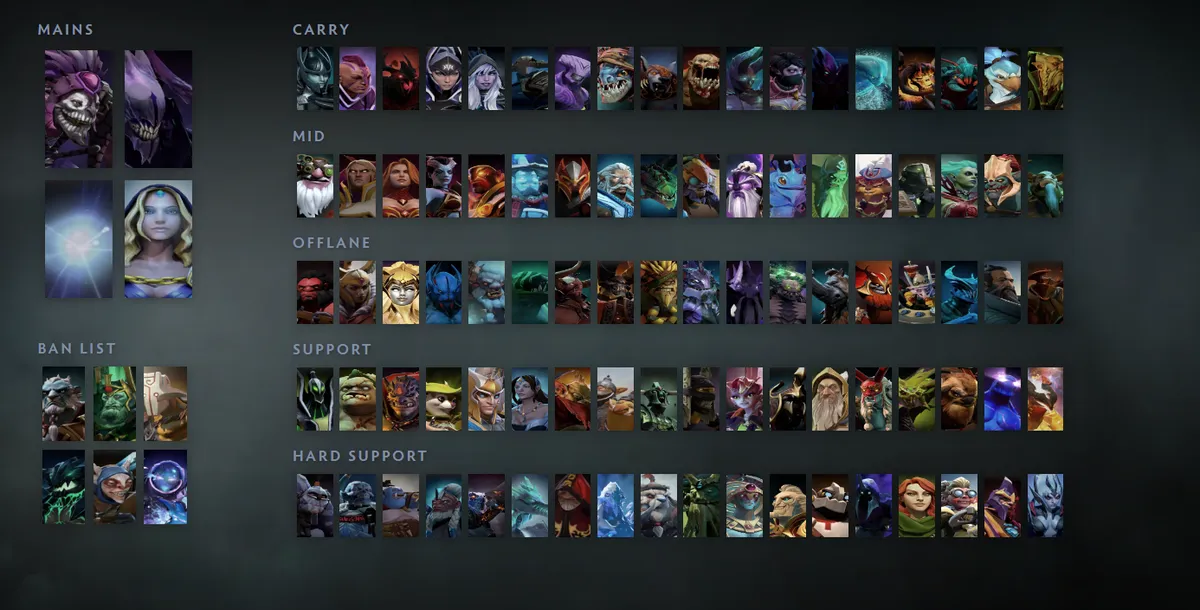 Dota 2 hero grid “Mains + situational”: Dazzle first in the Mains block next to Bane, Io, Crystal Maiden
