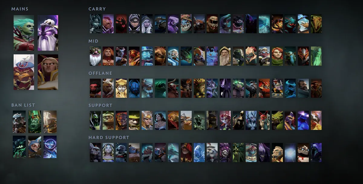 Dota 2 hero grid “Mains + situational”: Death Prophet first in the Mains block next to Void Spirit, Pangolier, Invoker