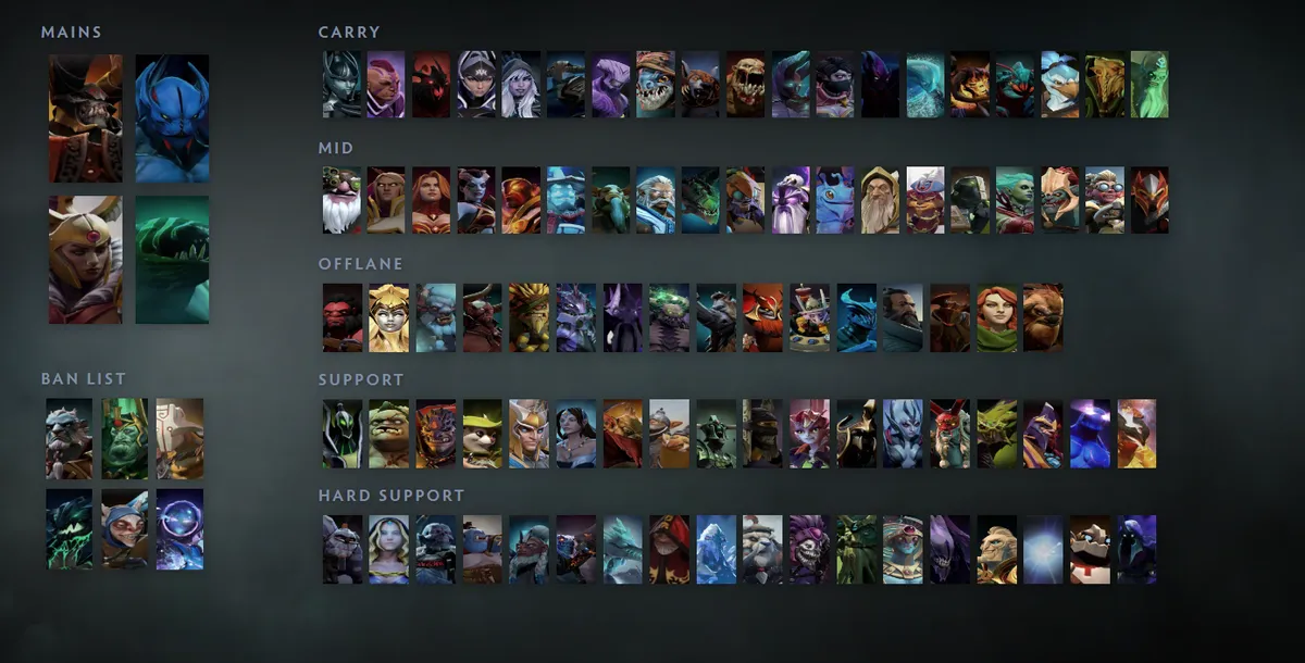 Dota 2 hero grid “Mains + situational”: Doom first in the Mains block next to Night Stalker, Legion Commander, Tidehunter