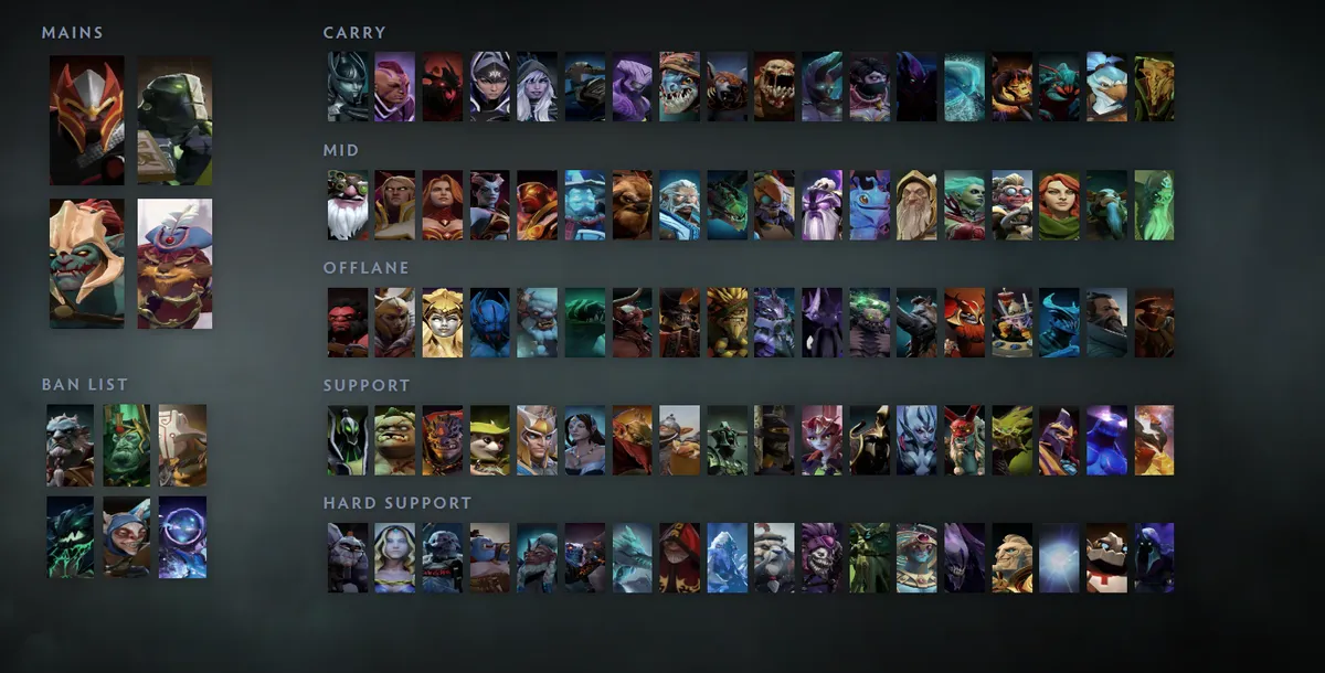 Dota 2 hero grid “Mains + situational” with Dragon Knight first in the Mains block