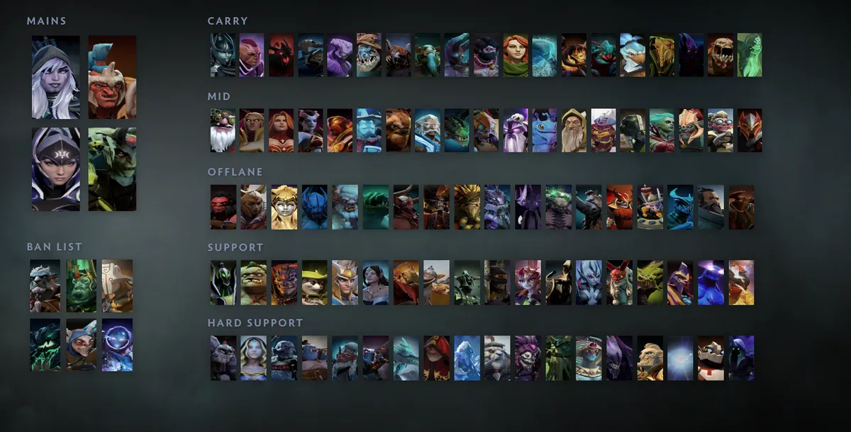 Dota 2 hero grid “Mains + situational” with Drow Ranger first in the Mains block