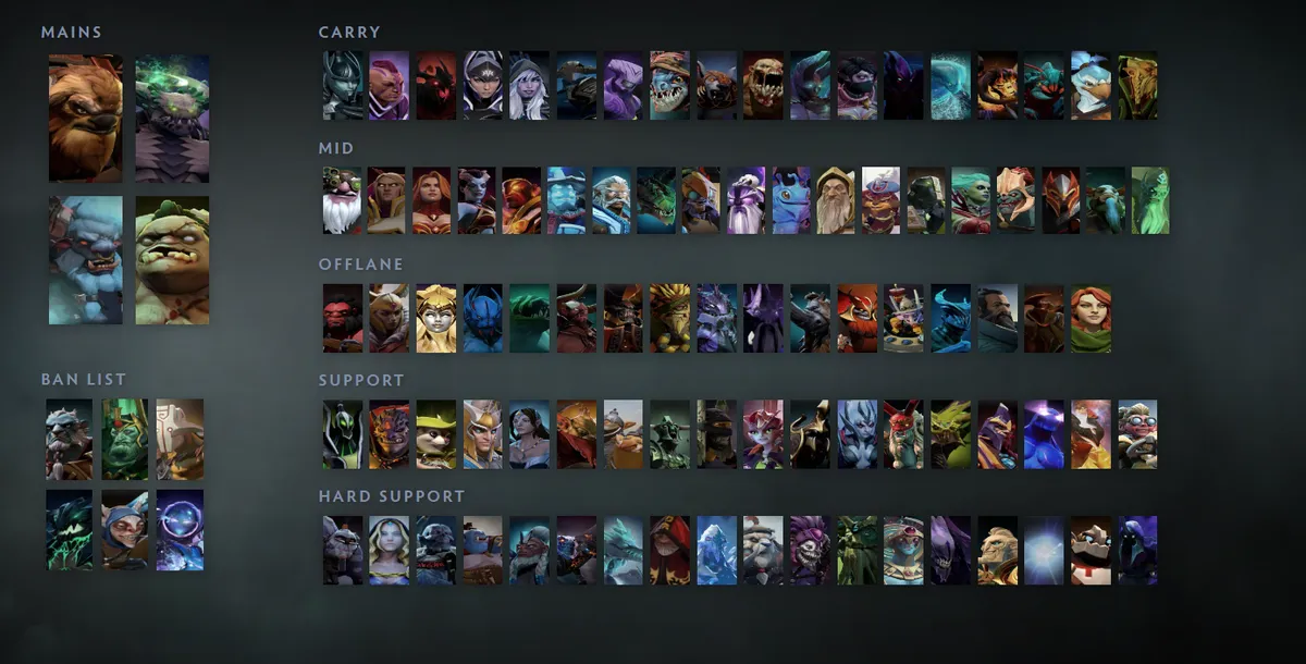 Dota 2 hero grid “Mains + situational” with Earthshaker first in the Mains block