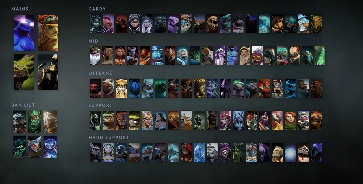Dota 2 hero grid “Mains + situational”: Enigma first in the Mains block next to Batrider, Venomancer, Nyx Assassin