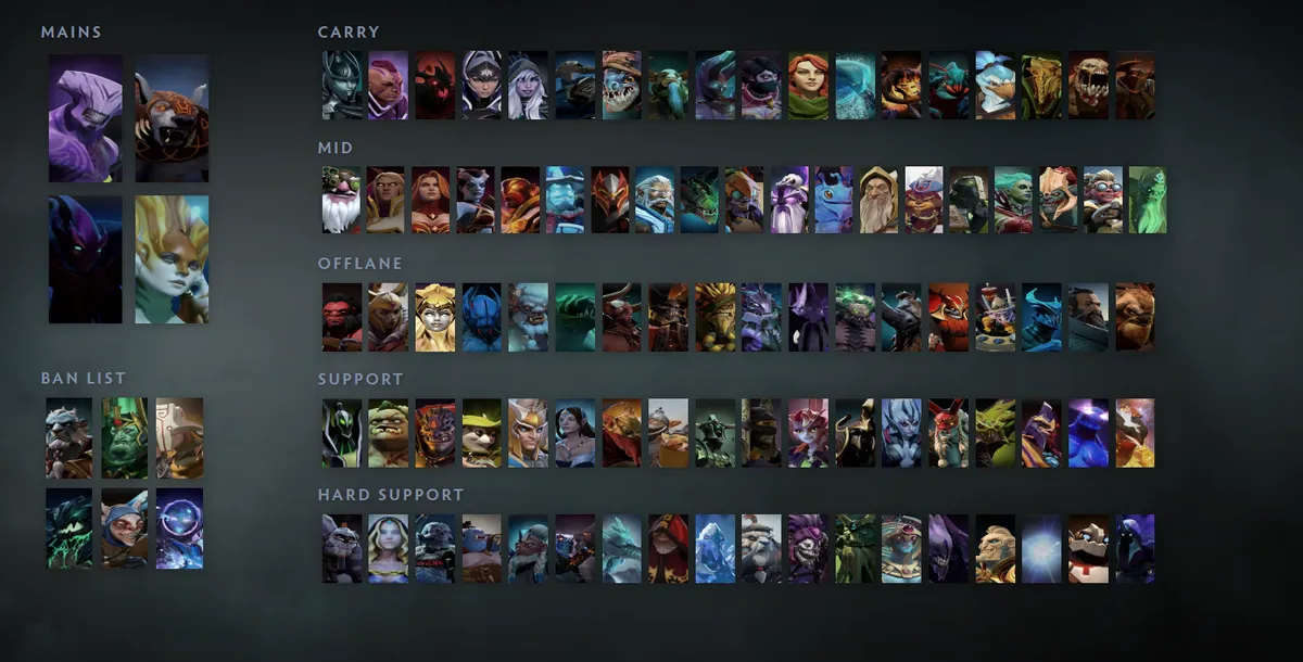 Dota 2 hero grid “Mains + situational” with Faceless Void first in the Mains block