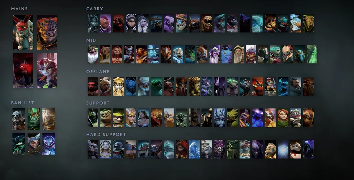 Dota 2 hero grid “Mains + situational”: Grimstroke first in the Mains block next to Lion, Shadow Demon, Dark Willow