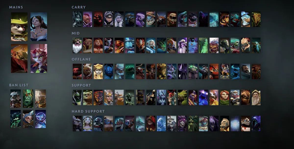 Dota 2 hero grid “Mains + situational”: Hoodwink first in the Mains block next to Mirana, Bounty Hunter, Dark Willow