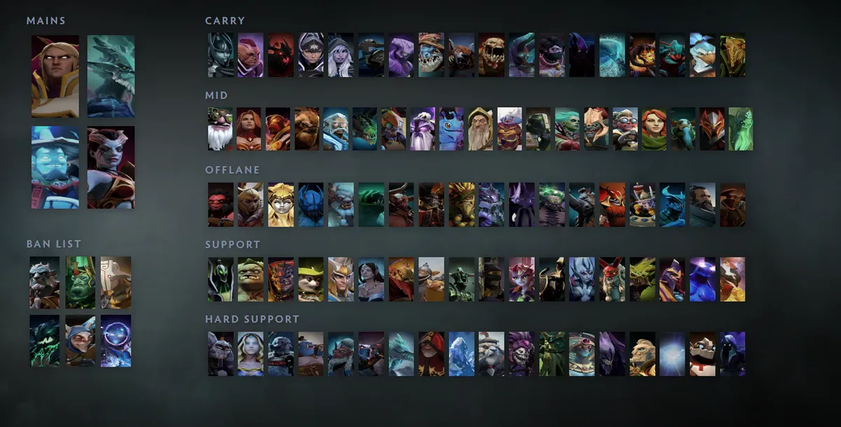Dota 2 hero grid “Mains + situational” with Invoker first in the Mains block