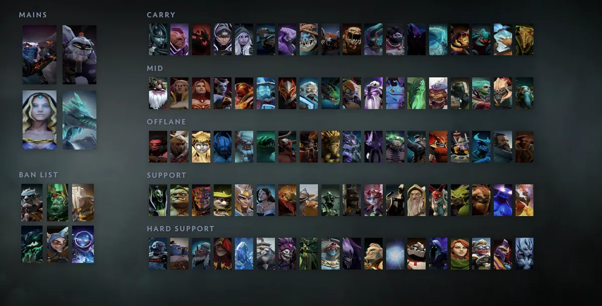 Dota 2 hero grid “Mains + situational”: Jakiro first in the Mains block next to Witch Doctor, Crystal Maiden, Winter Wyvern