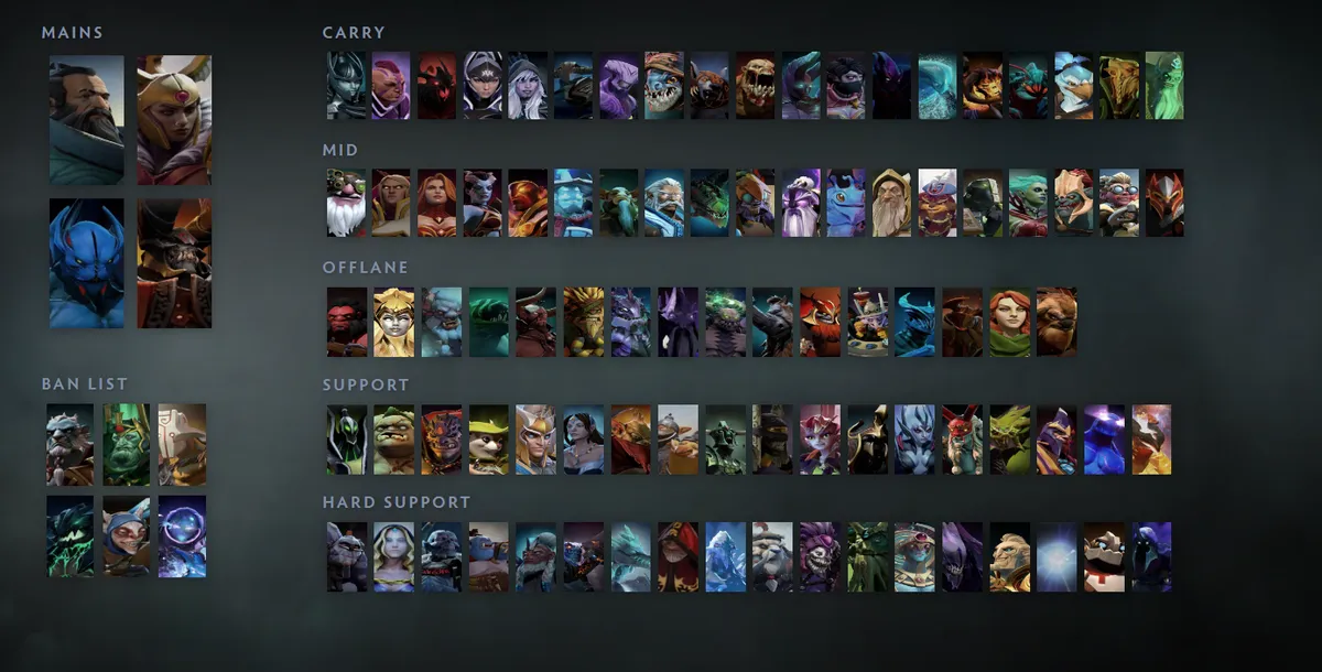 Dota 2 hero grid “Mains + situational”: Kunkka first in the Mains block next to Legion Commander, Night Stalker, Doom
