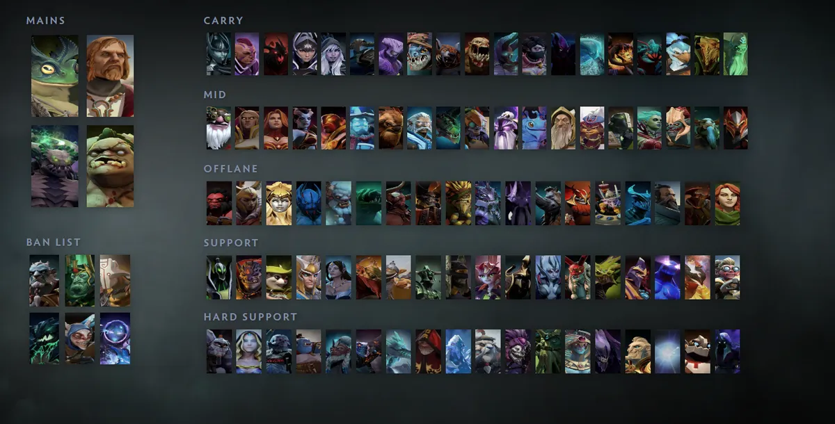Dota 2 hero grid “Mains + situational”: Largo first in the Mains block next to Omniknight, Underlord, Pudge