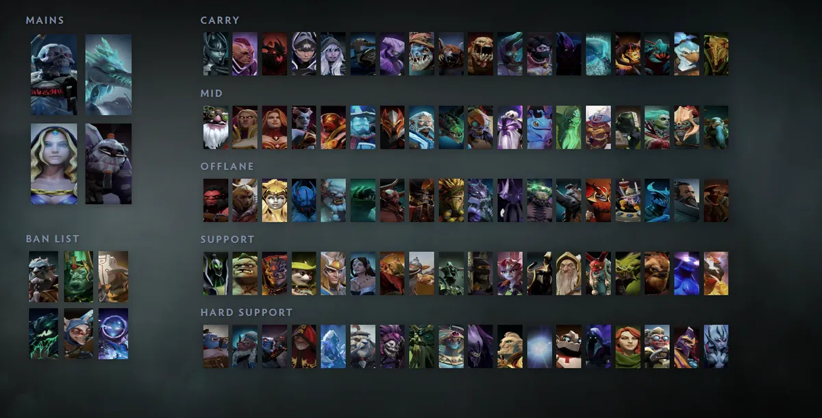 Dota 2 hero grid “Mains + situational”: Lich first in the Mains block next to Winter Wyvern, Crystal Maiden, Witch Doctor