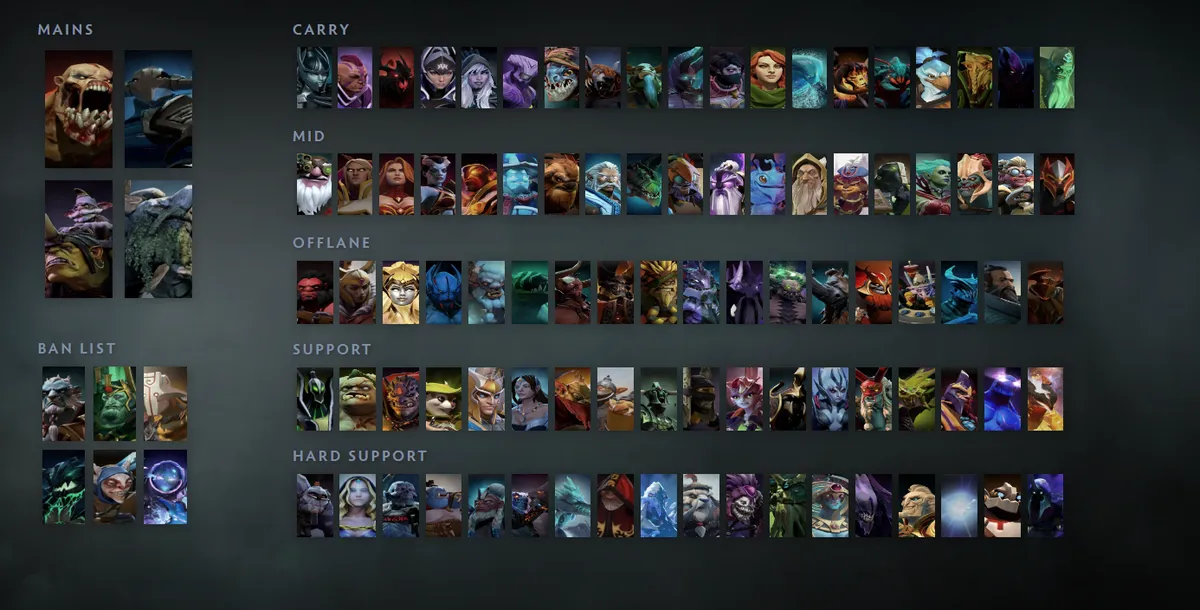 Dota 2 hero grid “Mains + situational”: Lifestealer first in the Mains block next to Sven, Alchemist, Tiny