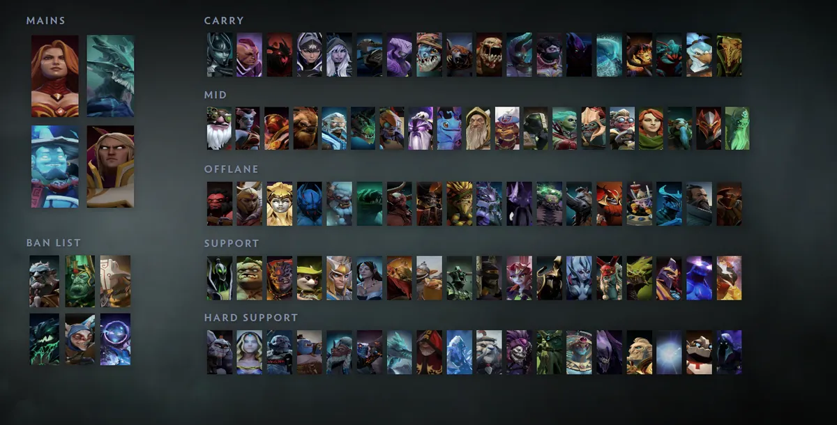 Dota 2 hero grid “Mains + situational” with Lina first in the Mains block