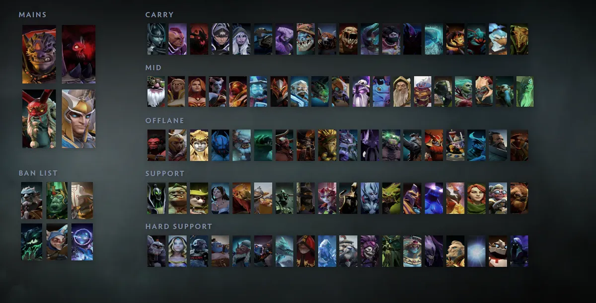 Dota 2 hero grid “Mains + situational”: Lion first in the Mains block next to Shadow Demon, Grimstroke, Skywrath Mage