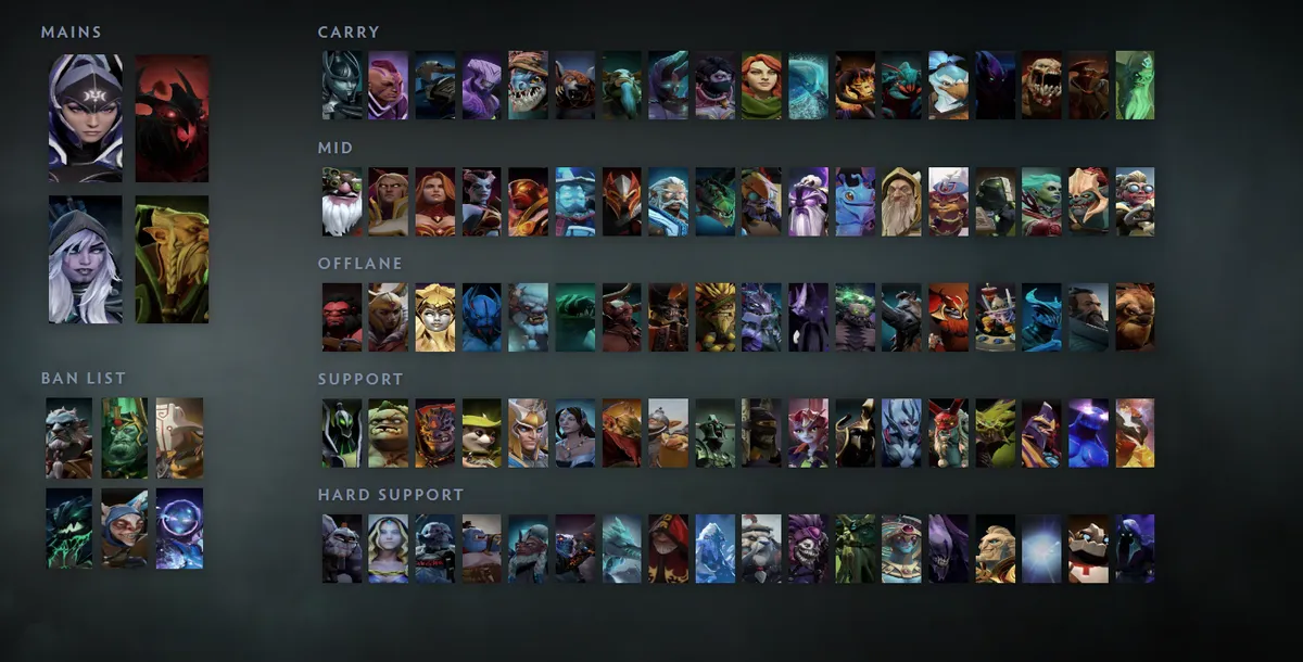 Dota 2 hero grid “Mains + situational”: Luna first in the Mains block next to Shadow Fiend, Drow Ranger, Lone Druid
