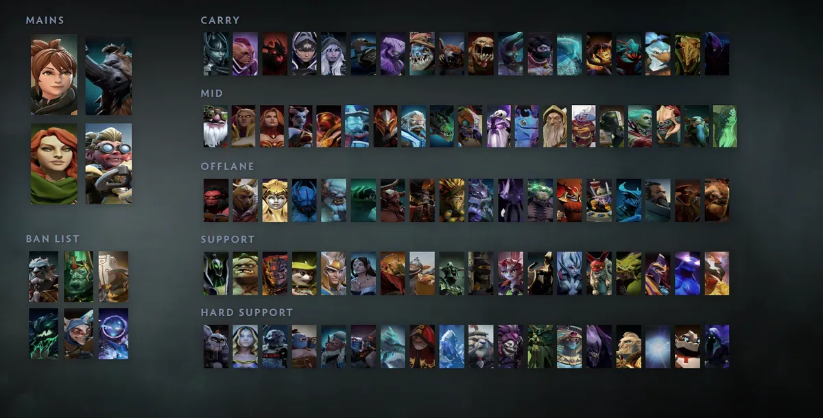 Dota 2 hero grid “Mains + situational”: Marci first in the Mains block next to Magnus, Windranger, Snapfire