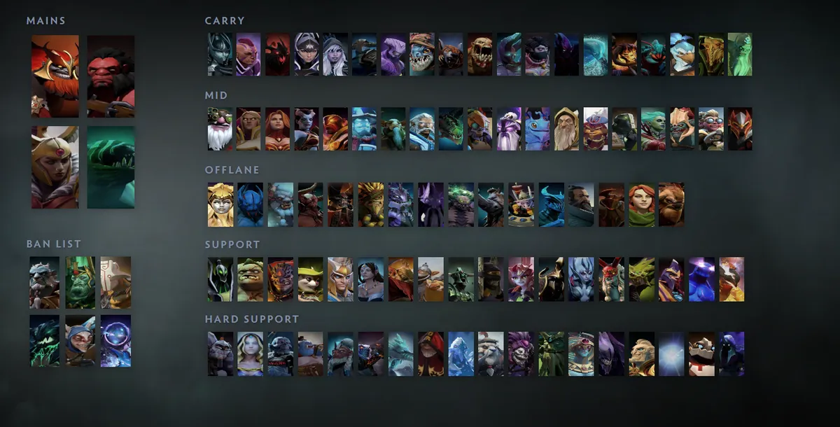 Dota 2 hero grid “Mains + situational”: Mars first in the Mains block next to Axe, Legion Commander, Tidehunter