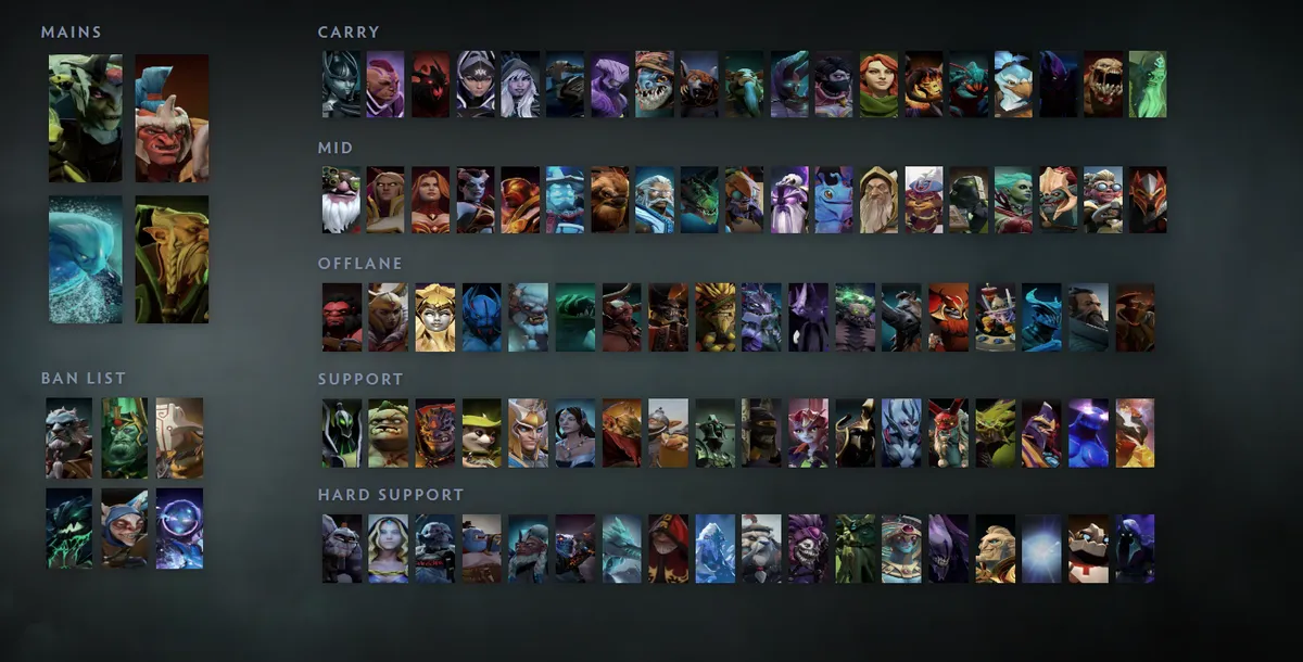 Dota 2 hero grid “Mains + situational”: Medusa first in the Mains block next to Troll Warlord, Morphling, Lone Druid