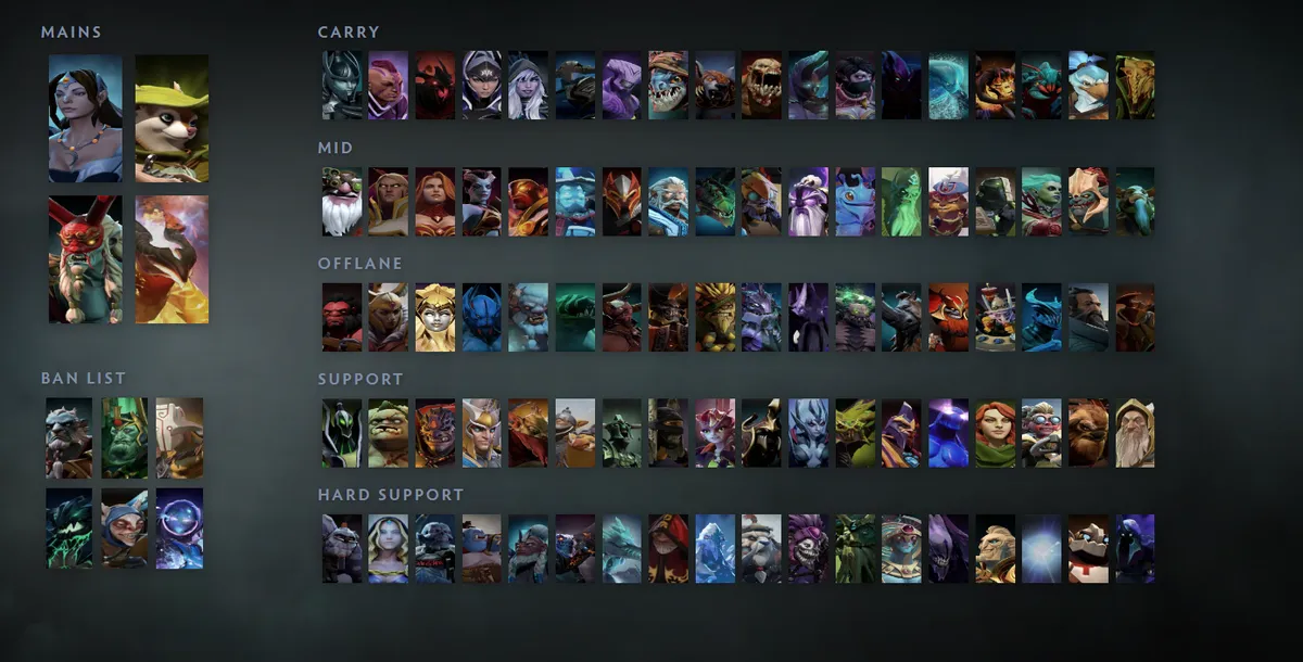 Dota 2 hero grid “Mains + situational” with Mirana first in the Mains block