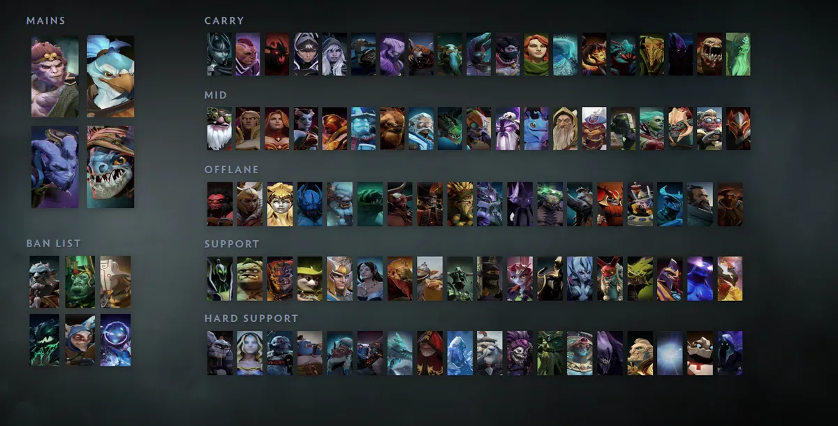 Dota 2 hero grid “Mains + situational” with Monkey King first in the Mains block