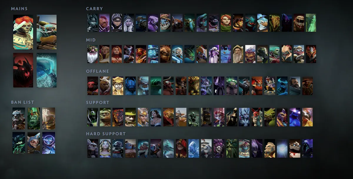 Dota 2 hero grid “Mains + situational”: Muerta first in the Mains block next to Gyrocopter, Shadow Fiend, Morphling