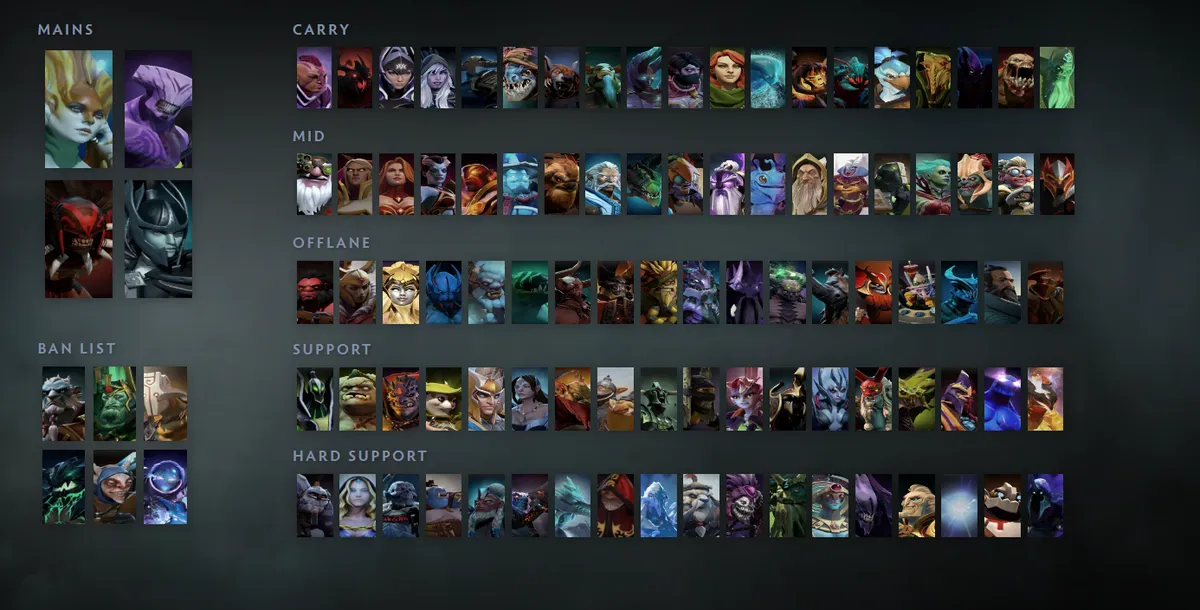 Dota 2 hero grid “Mains + situational”: Naga Siren first in the Mains block next to Faceless Void, Bloodseeker, Phantom Assassin