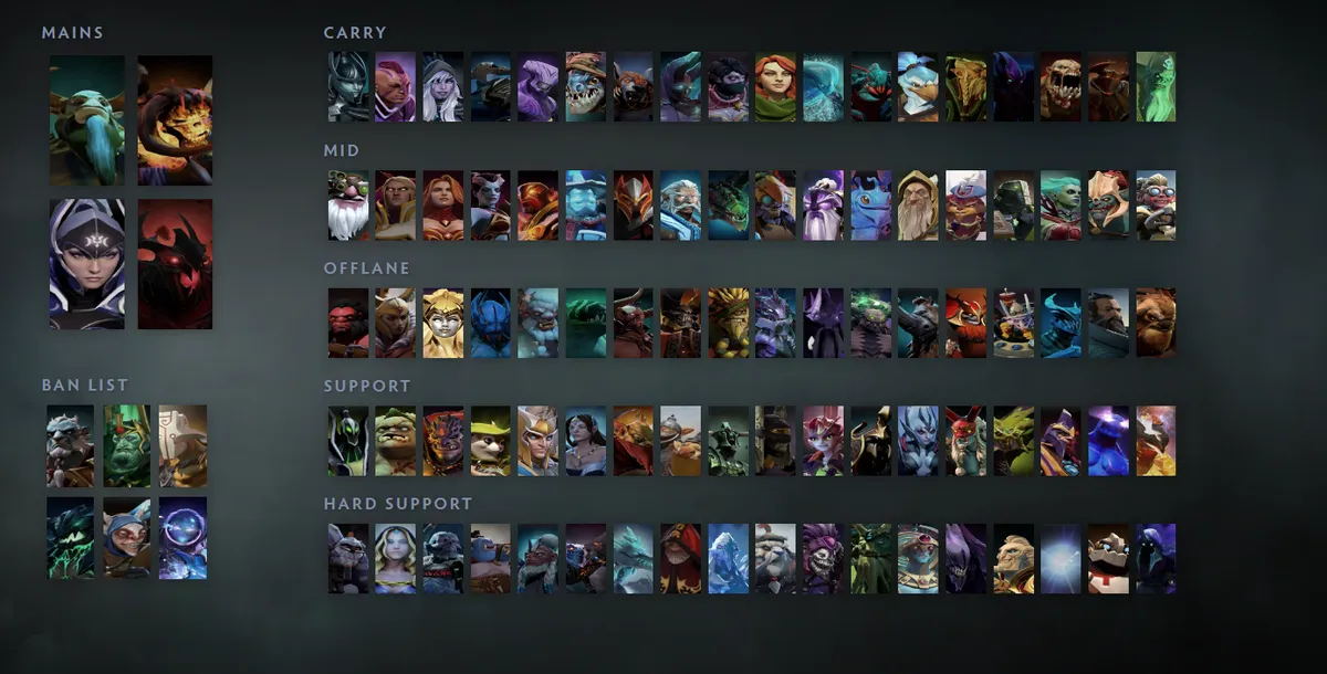 Dota 2 hero grid “Mains + situational”: Nature's Prophet first in the Mains block next to Clinkz, Luna, Shadow Fiend