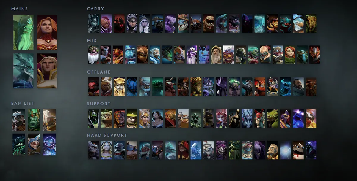 Dota 2 hero grid “Mains + situational”: Necrophos first in the Mains block next to Lina, Leshrac, Invoker