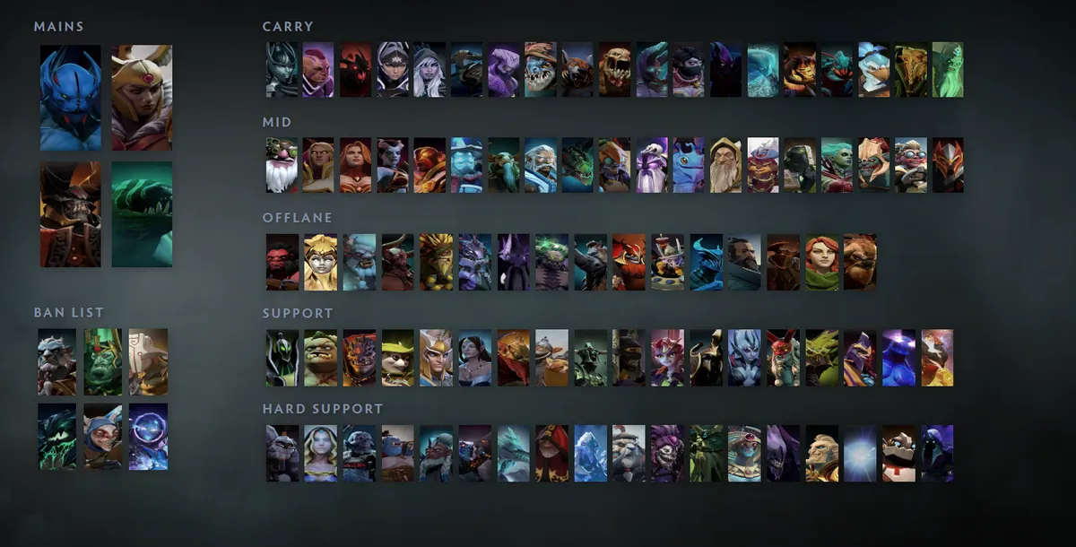 Dota 2 hero grid “Mains + situational”: Night Stalker first in the Mains block next to Legion Commander, Doom, Tidehunter