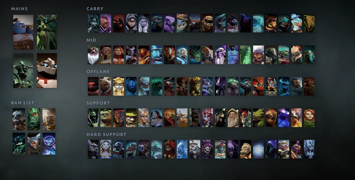 Dota 2 hero grid “Mains + situational” with Ogre Magi first in the Mains block