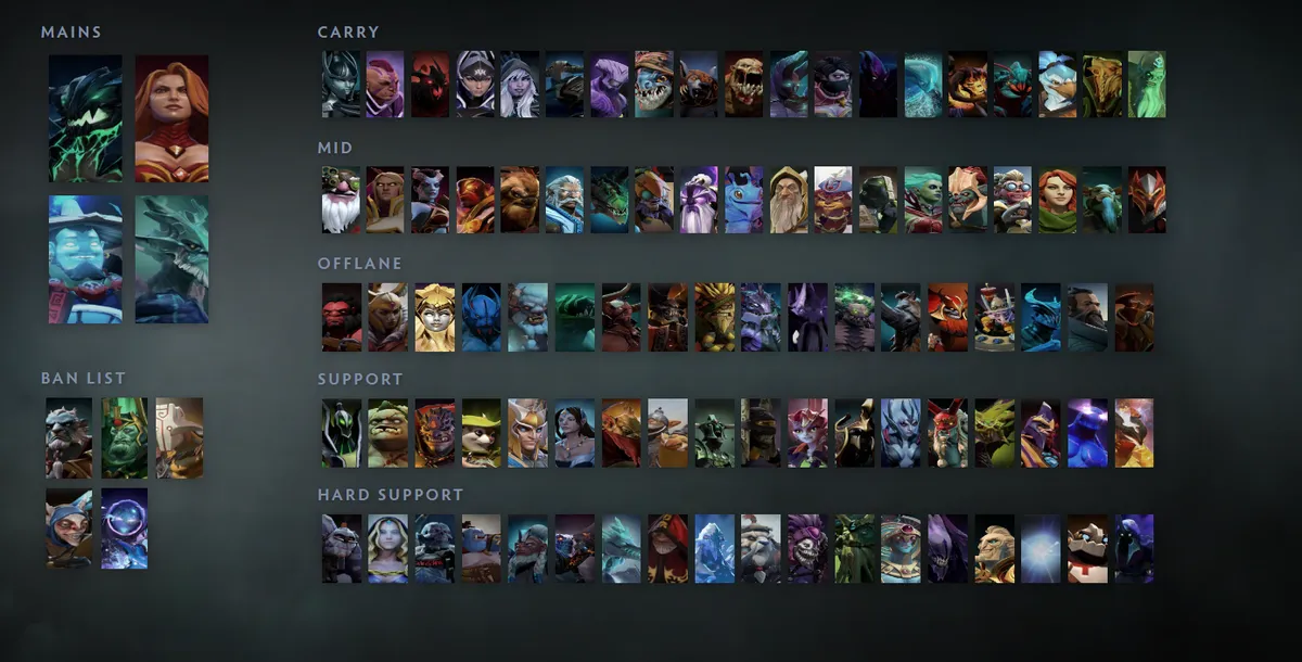 Dota 2 hero grid “Mains + situational”: Outworld Destroyer first in the Mains block next to Lina, Storm Spirit, Leshrac